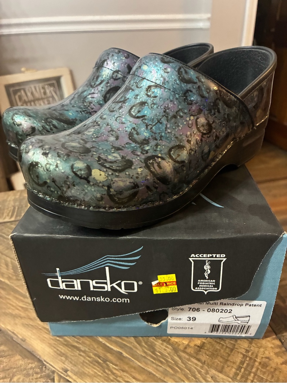 Dansko Iridescent Multicolor Raindrop-Pattern Clogs